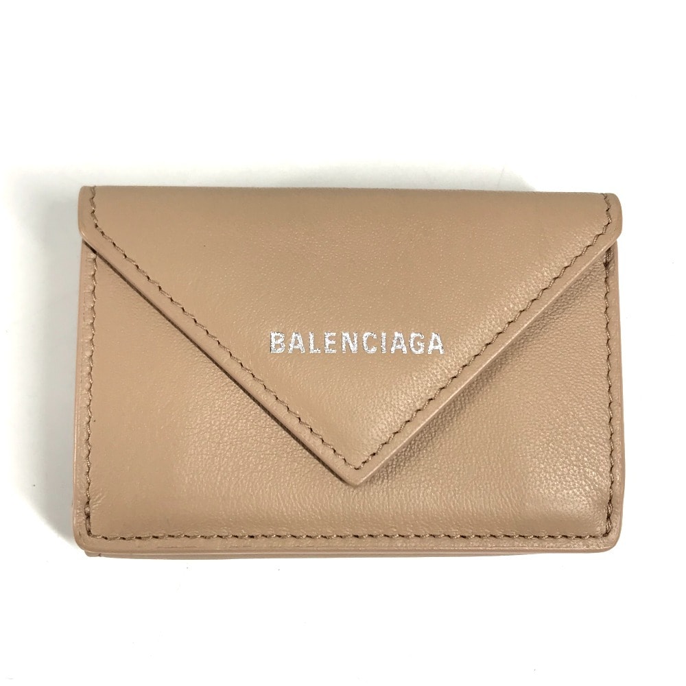 バレンシアガ BALENCIAGA ペーパーミニ ウォレット 391446 コンパクトウォレット 財布 3つ折り財布 レザー ベージュ 美品