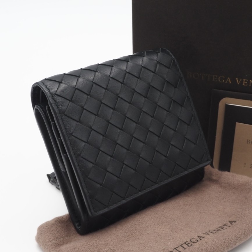 美品 BOTTEGAVENETA ボッテガヴェネタ イントレチャート小 レザー 二つ折り財布 - 二つ折り財布 ブラック カーフレザー メンズ