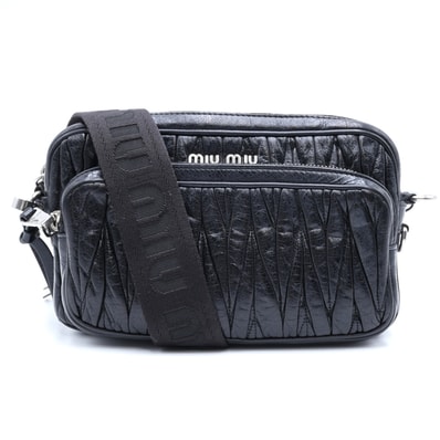 MIU MIU(ミュウミュウ)マテラッセ ショルダーバッグ ブラック レザー ロゴジャガードストラップ シルバー金具 レディース【中古】