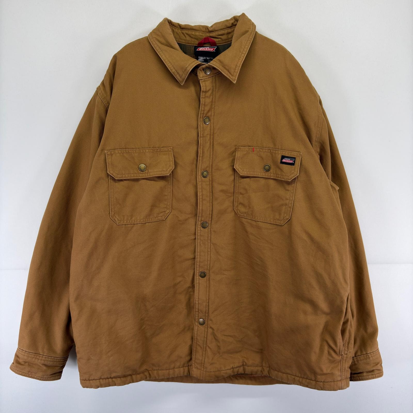 古着 ディッキーズ Dickies 長袖シャツ 中綿 ボタン 胸ポケット ダック ワーク シャツジャケット 2XL  ブラウン メンズ