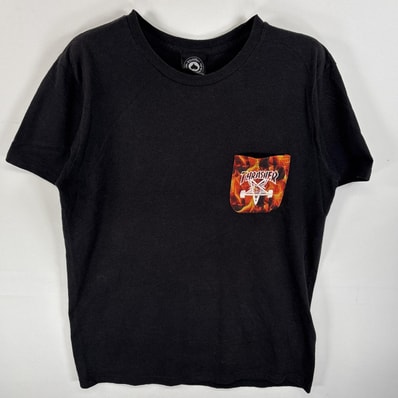古着 スラッシャー THRASHER 半袖Tシャツ 胸ポケ ファイヤーデザイン スケボー ブラック系 無地 メンズ