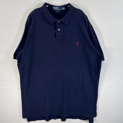 古着 90's/90年代 ポロバイラルフローレン Polo by Ralph Lauren 半袖 ポロシャツ ロゴ 刺繍 大きいサイズ 2ボタン 14041 ネイビー 無地 メンズ