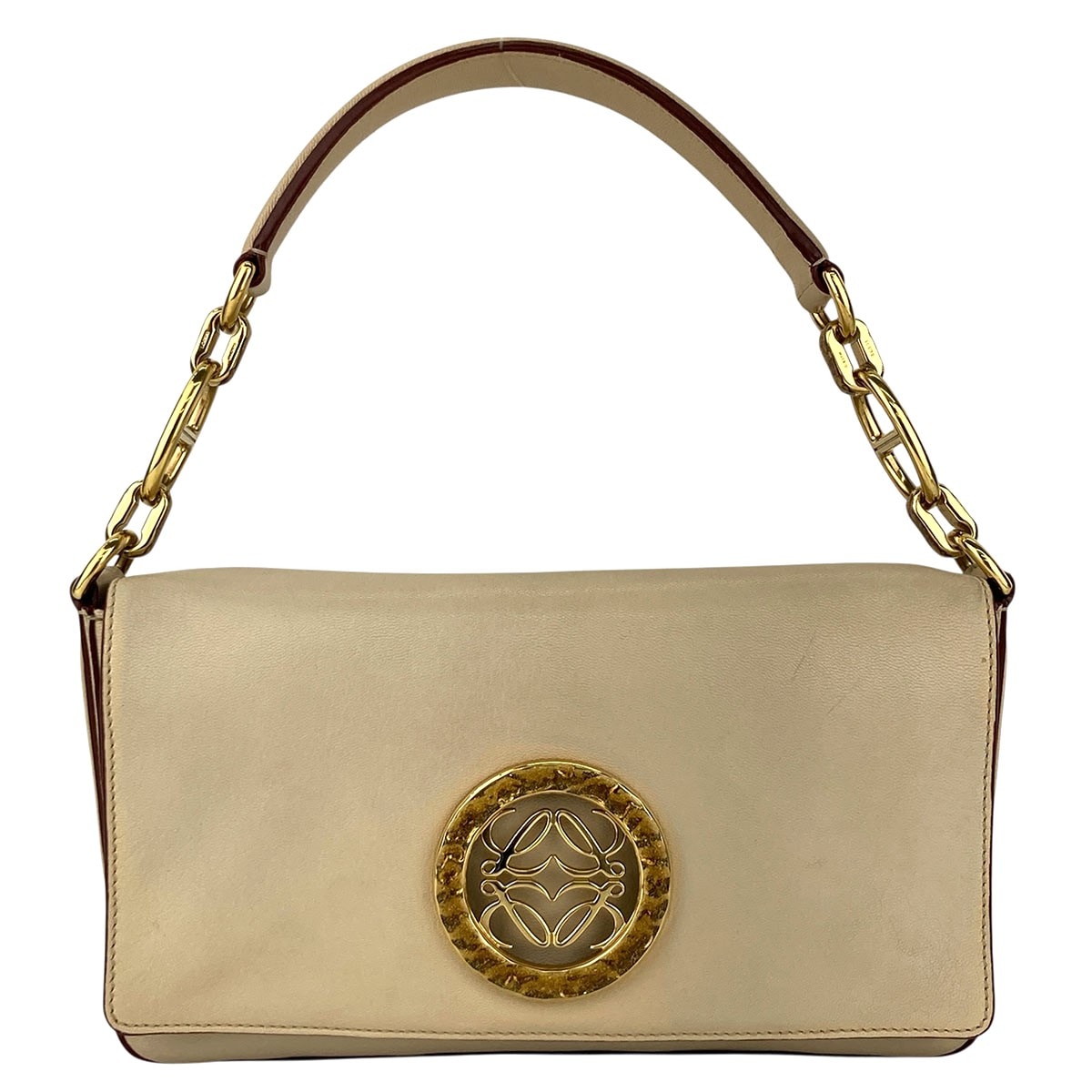 LOEWE ロエベ マイア アナグラム プレート付き ショルダーバッグ レザー ベージュ レディース【中古】