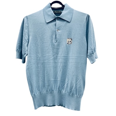 PRADA 極美品 プラダ ロゴ ニット ポロシャツ 半袖 2018年 UMA922 ブルー マルチカラー #48 カットソー メンズ Aランク 中古 鑑定済 プラダポロシャツ