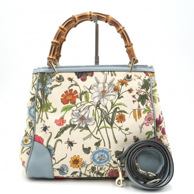 GUCCI(グッチ)フローラ バンブー 日本限定 50周年記念 ショルダーバッグ ハンドバッグ 2WAY 花柄 キャンバス ライトブルー レザー レディース 353122【中古】