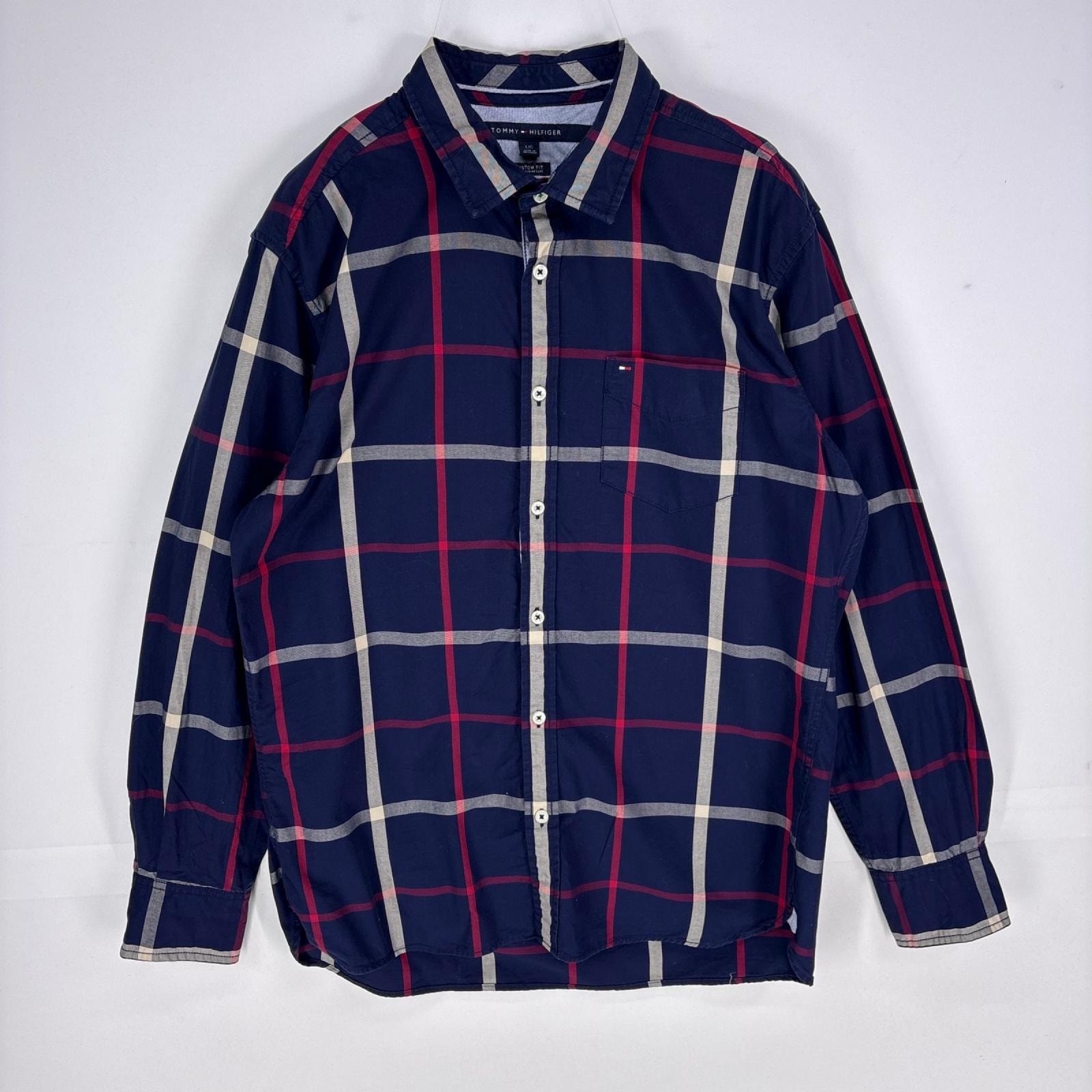 古着 トミーヒルフィガー TOMMY HILFIGER 長袖シャツ 胸ポケット ワンポイント ロゴ L ネイビー系 チェック メンズ