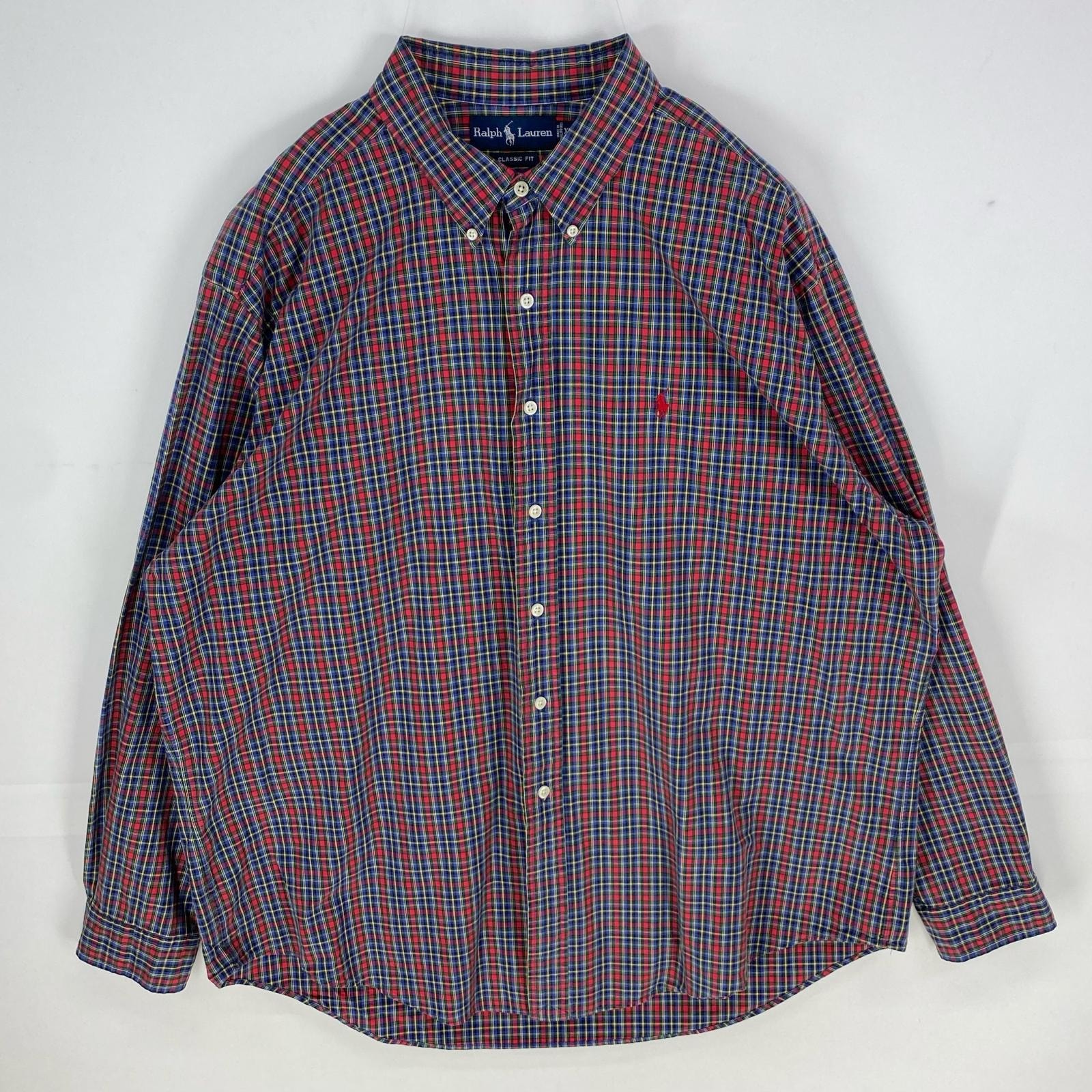 古着 ラルフローレン RALPH LAUREN 長袖シャツ ボタンダウン ワンポイントロゴ 大きいサイズ 2XL  レッド系 チェック メンズ