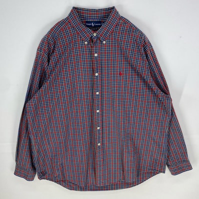 古着 ラルフローレン RALPH LAUREN 長袖シャツ ボタンダウン ワンポイントロゴ 大きいサイズ 2XL レッド系 チェック メンズ