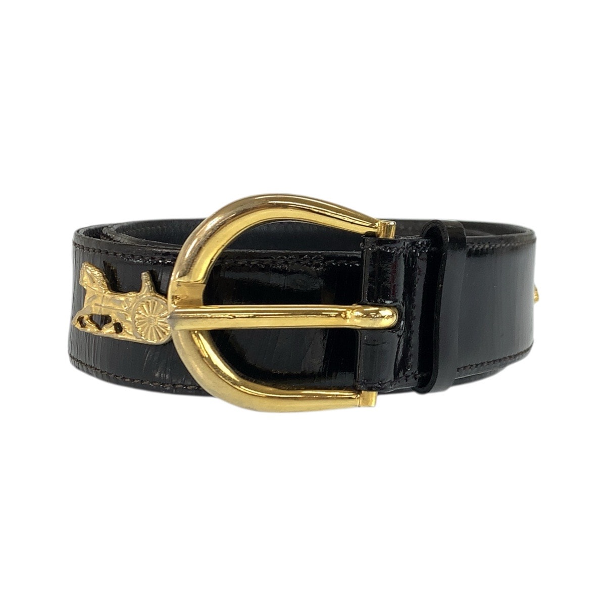 CELINE セリーヌ ヴィンテージ 馬車金具 70cm ブラック 黒 ゴールド金具 パテントレザー ベルト 601761 【中古】