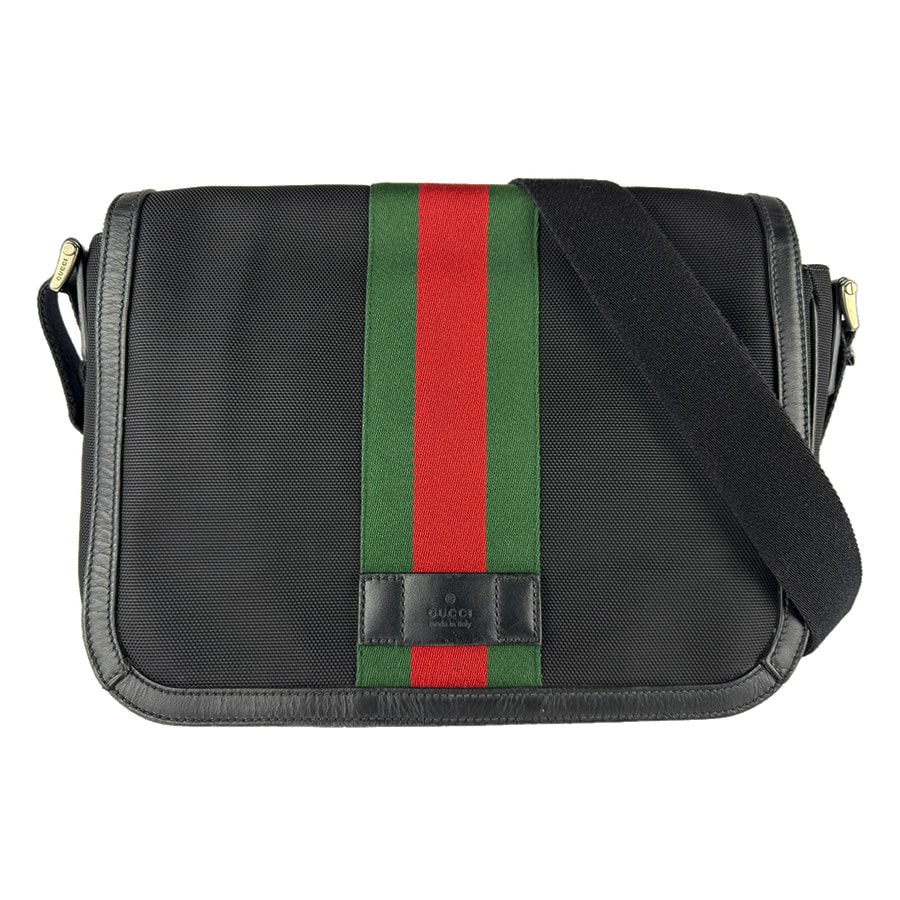 グッチ GUCCI 斜め掛けショルダーバッグ キャンバス ブラック/グリーン/レッド シルバー メンズ 630921【中古】 z9730