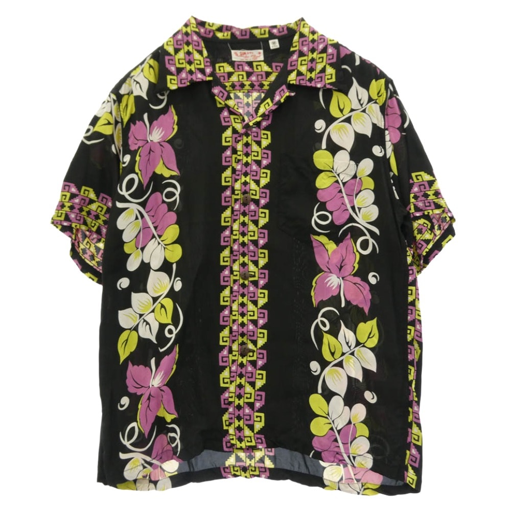 SUN SURF サンサーフ その他トップス SS38568 RAYON HAWAIIAN SHIRT POLYNESIAN BORDER レーヨン ハワイアン オープンカラー 開襟 半袖 シャツ ブラック系 マルチカラー系 M【美品】【中古】