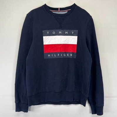 古着 トミーヒルフィガー TOMMY HILFIGER スウェット ビッグロゴ クルーネック トレーナー フラッグ プリント S ネイビー系 メンズ