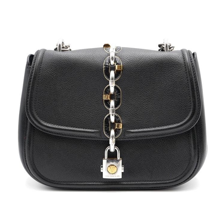 LOUIS VUITTON(ルイ・ヴィトン)チェーンイット ショルダーバッグ ブラック カーフレザー チェーンショルダー シルバー ゴールド金具 LVロゴ パドロック レディース【中古】