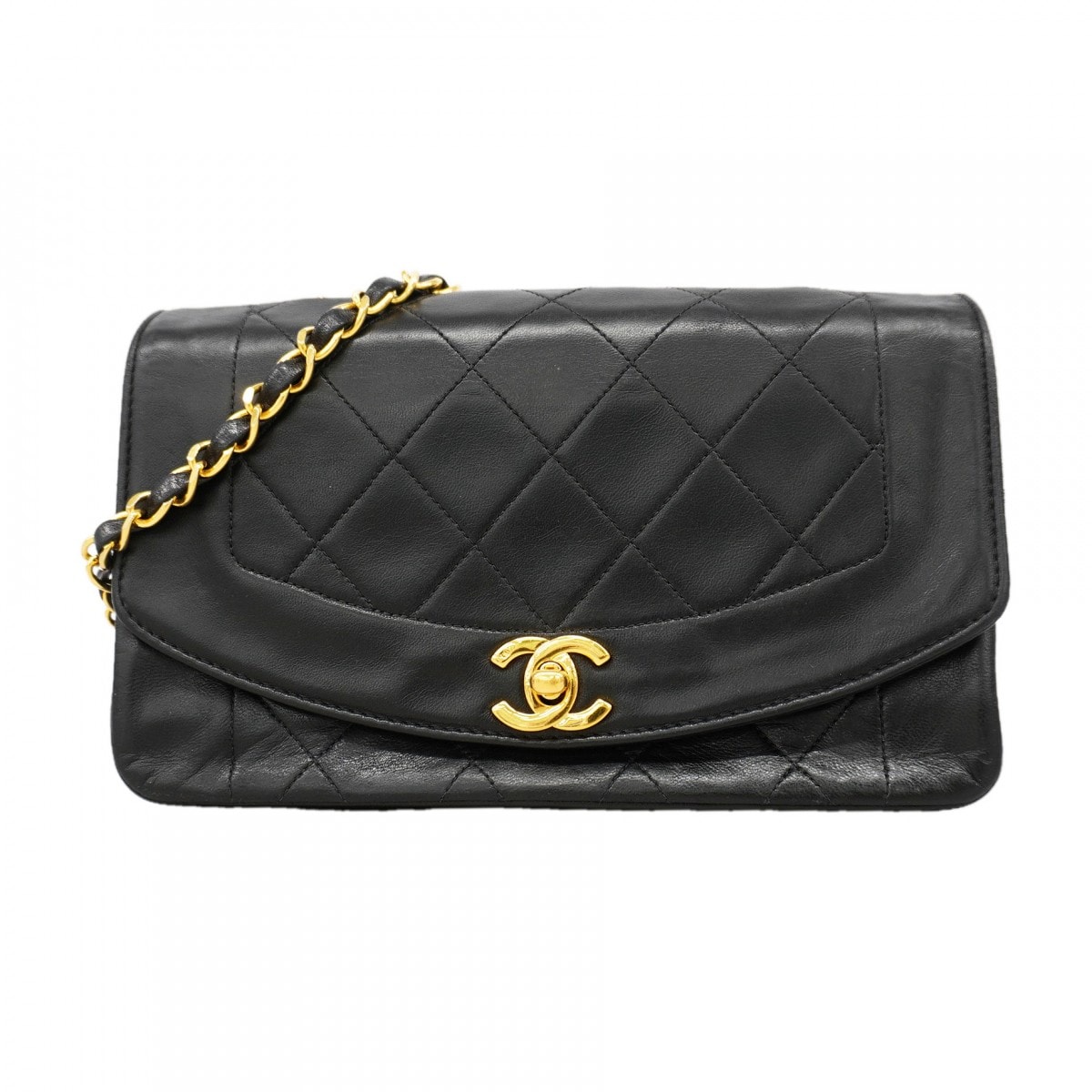 【6gd5322】シャネル ショルダーバッグ ダイアナ チェーンショルダー ラムスキン ブラック ゴールド金具【中古】レディース