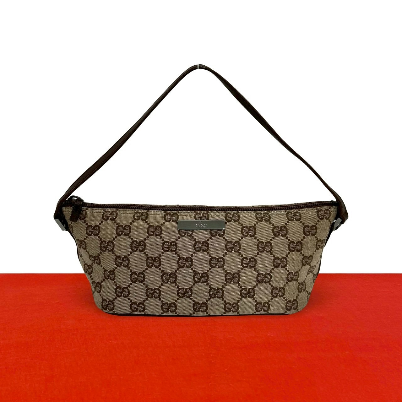 GUCCI グッチ GG 柄 ロゴ 金具 キャンバス レザー ハンドバッグ ブラウン
 03572