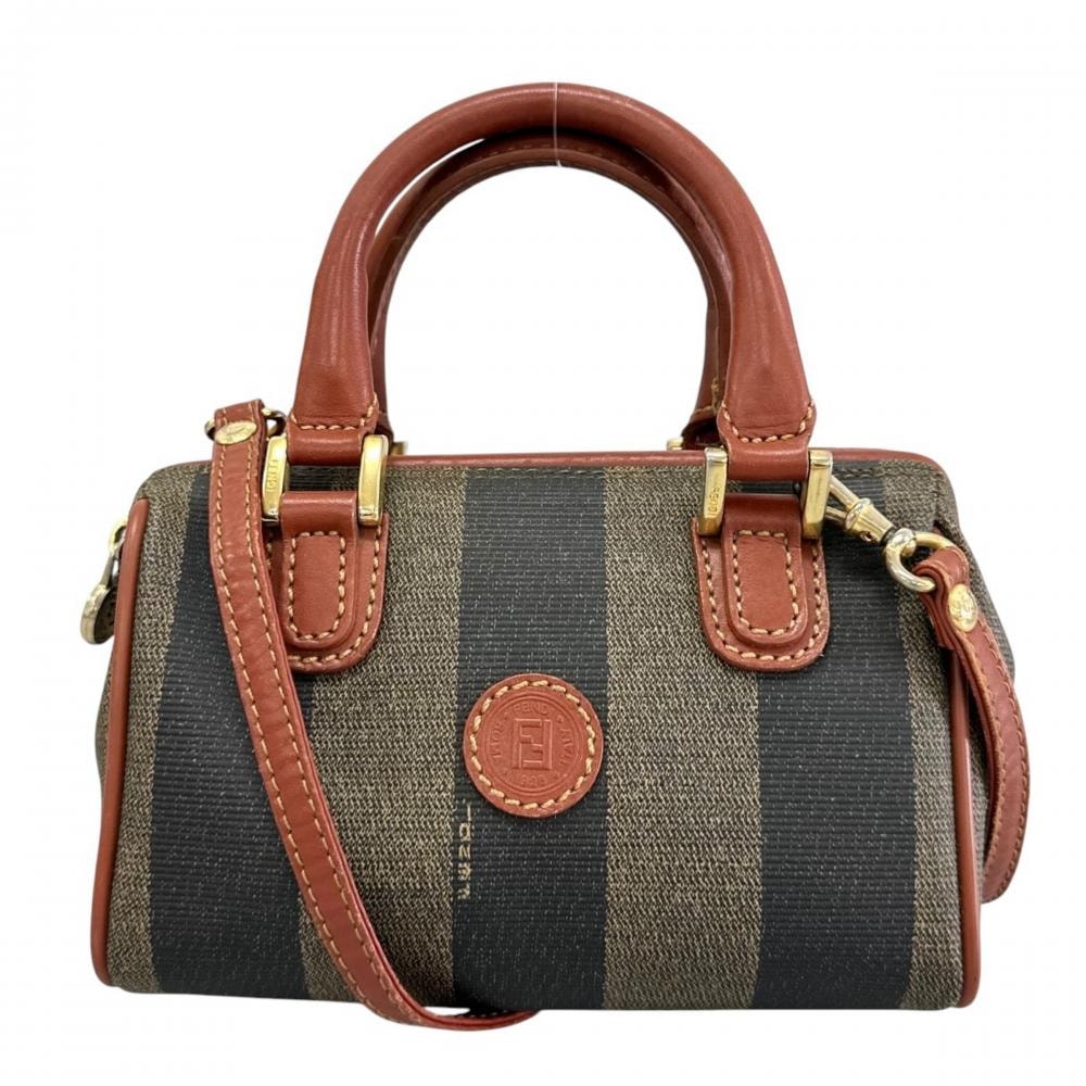 FENDI フェンディ 2WAY ペカン ミニボストン ショルダーバッグ ハンドバッグ 斜め掛け 021-45960029 PVCコーティングキャンバス レザー ブラウン 茶 カーキ ゴールド金具 レディース【中古品】