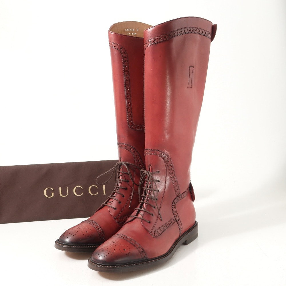■美品■GUCCI グッチ ブーツ サイズ7 シェリーライン セミブローグ レザー ロングブーツ 靴 ブランド古着【中古】20251202/RA6726