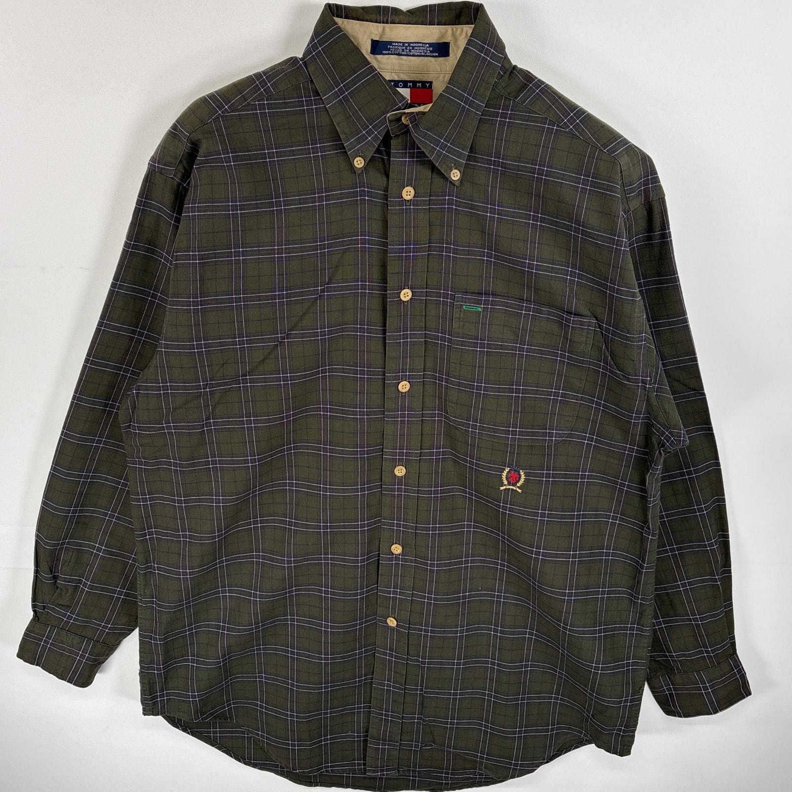 古着 90's/90年代 トミーヒルフィガー TOMMY HILFIGER 長袖シャツ ボタンダウンシャツ ワンポイント ロゴ 刺繍 胸ポケ S  グリーン系 チェック メンズ