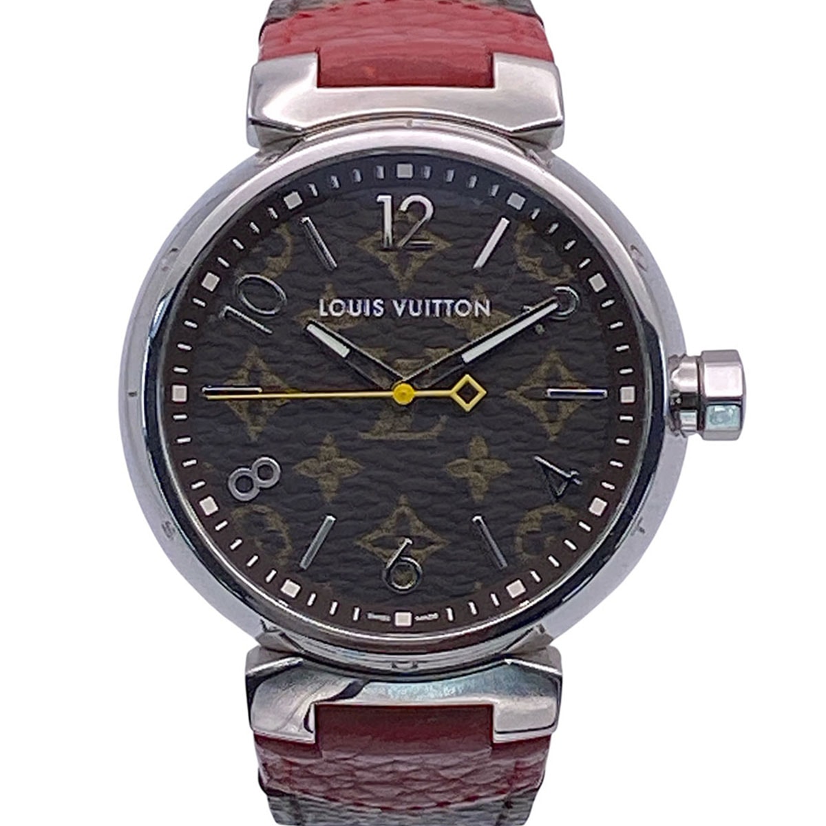 LOUIS VUITTON ルイ・ヴィトン タンブール モノグラム QZ 腕時計 腕時計 QA072 ステンレススチール モノグラム ブラウン レッド  メンズ【中古】