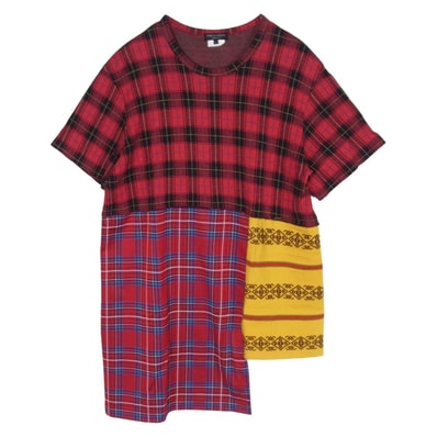 BLACK COMME des GARCONS ブラックコムデギャルソン Tシャツ 20AW PF-T003 アシンメトリー パッチワーク タータンチェック 半袖 Tシャツ カットソー レッド系 L【中古】
