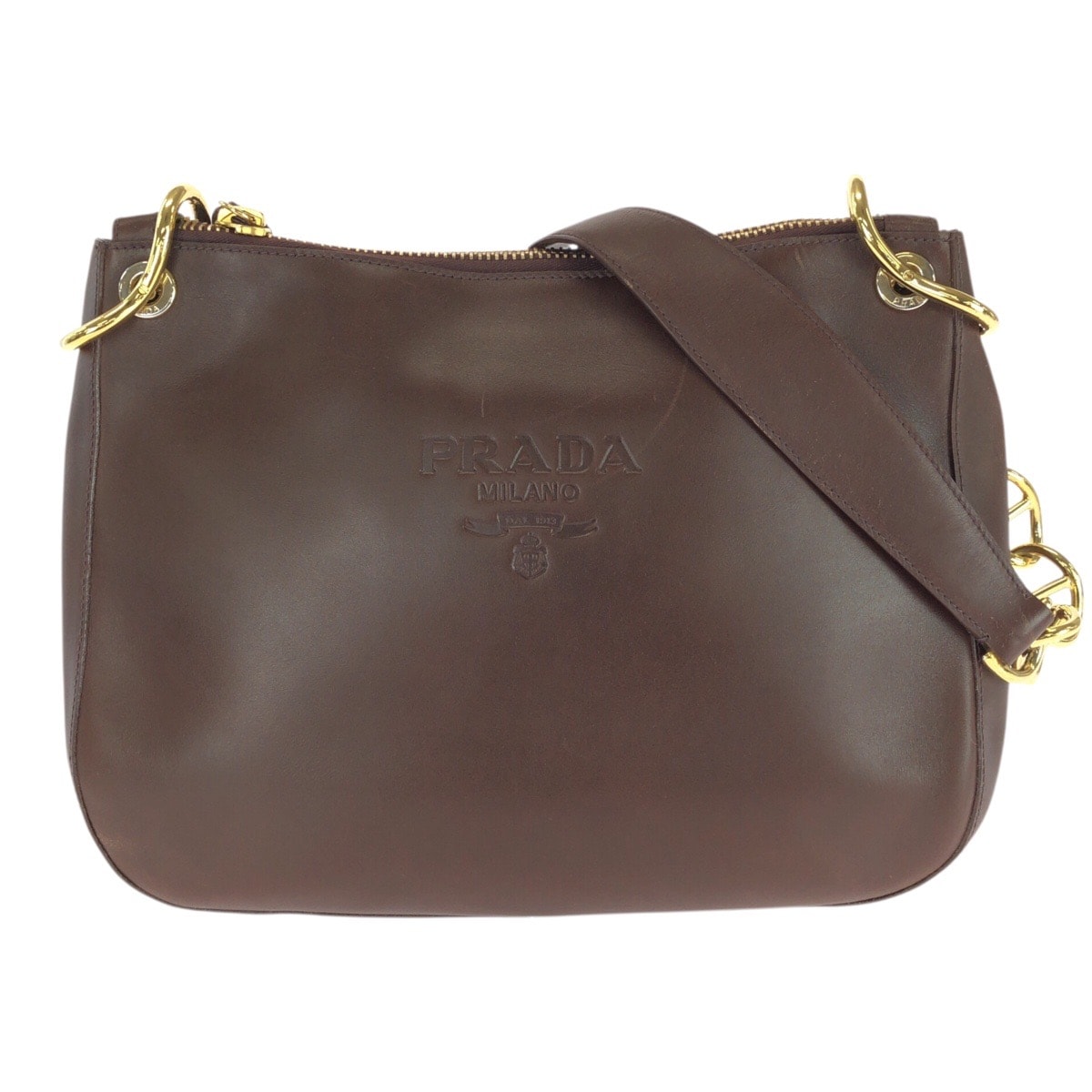 美品 PRADA プラダ オールドプラダ エンボスロゴ ブラウン ゴールド金具 レザー ショルダーバッグ 604109 【中古】