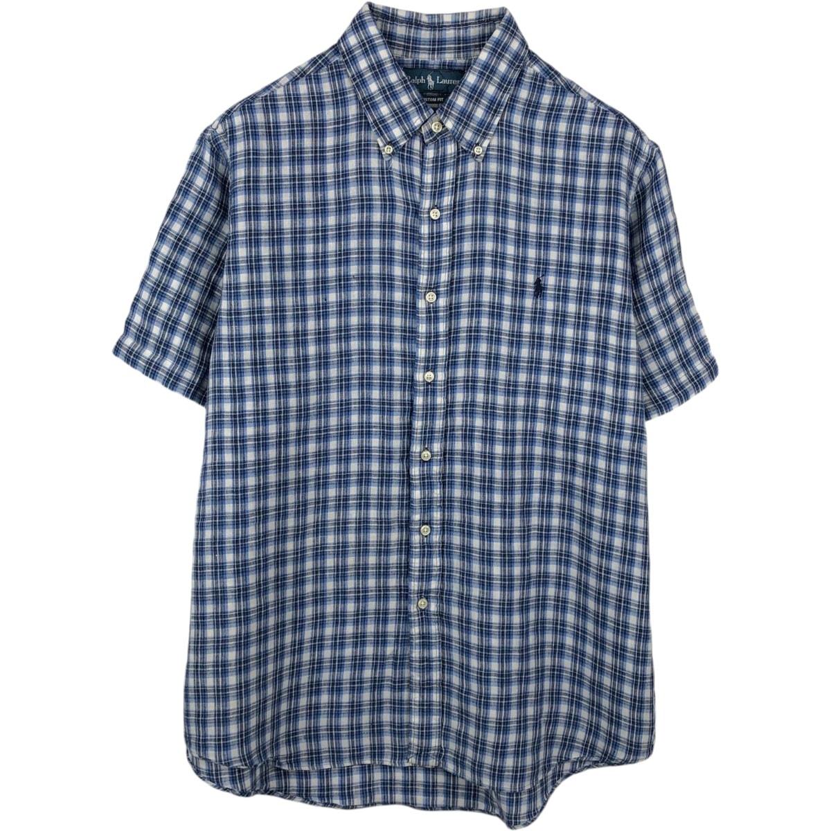 古着 ラルフローレン Ralph Lauren CUSTOM FIT チェック柄 半袖 リネン ボタンダウンシャツ メンズXL相当/eaa658324