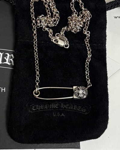 Chrome Hearts Safety Pin Roll Chain Necklace with Diamond "Silver"