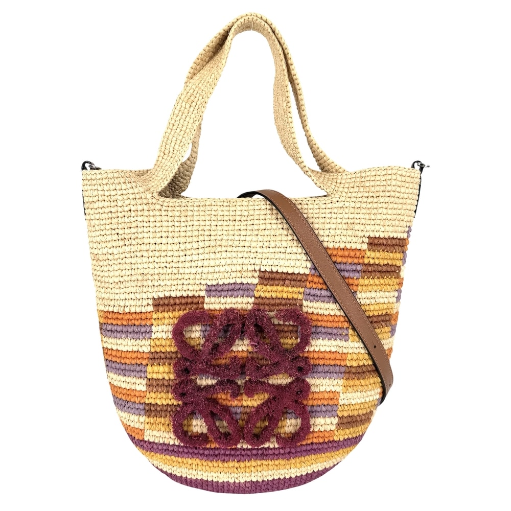 LOEWE ロエベ 2WAY スリットバッグミニ ハンドバッグ ショルダーバッグ 肩掛け アナグラム ラフィア カーフレザー ベージュ マルチカラー シルバー金具 レディース【中古品】