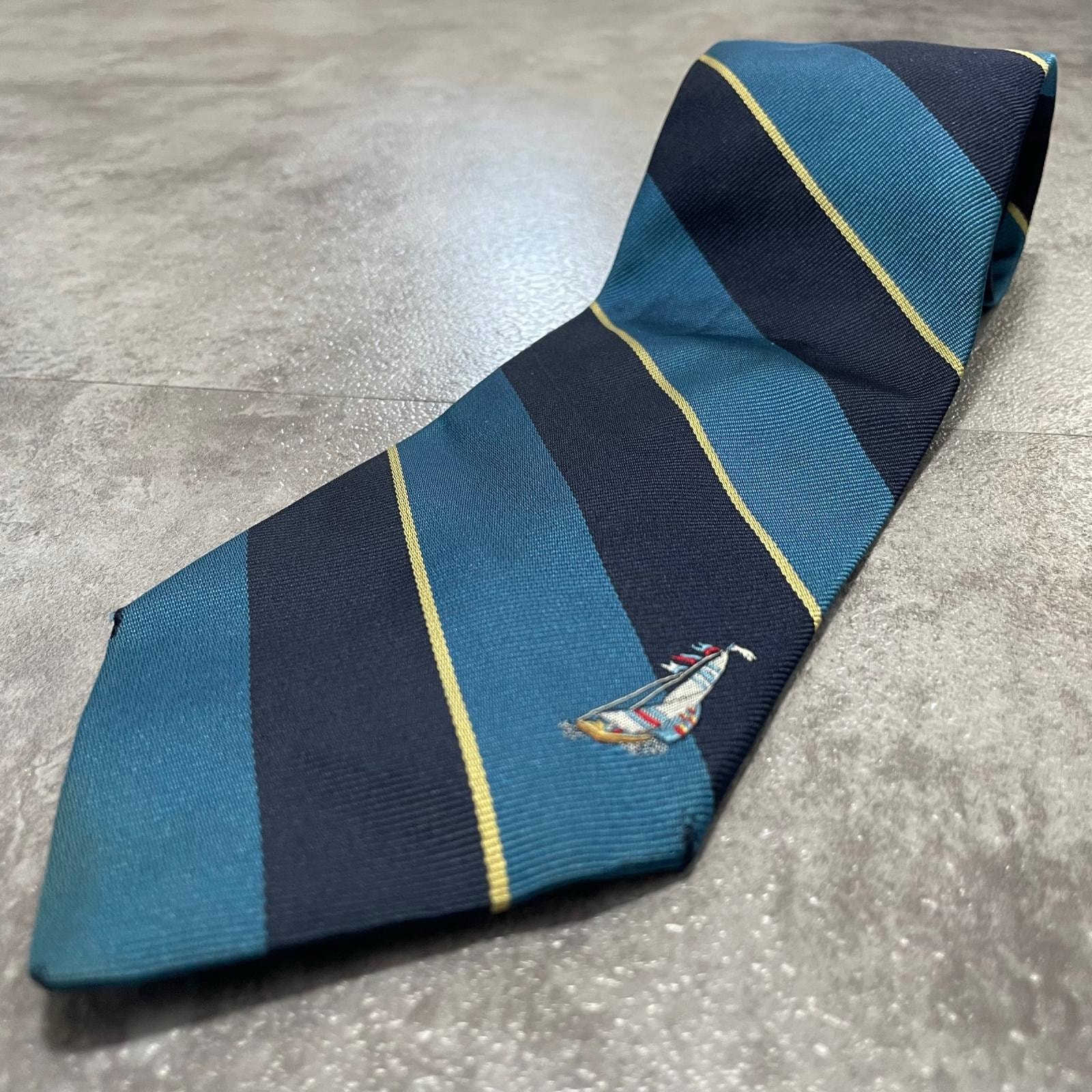 【Dunhill】ダンヒル 帆船モチーフ レジメンタル ネクタイ 斜めストライプ 太幅ライン 細いライン 織り模様 ネイビー ブルー メンズ スーツ