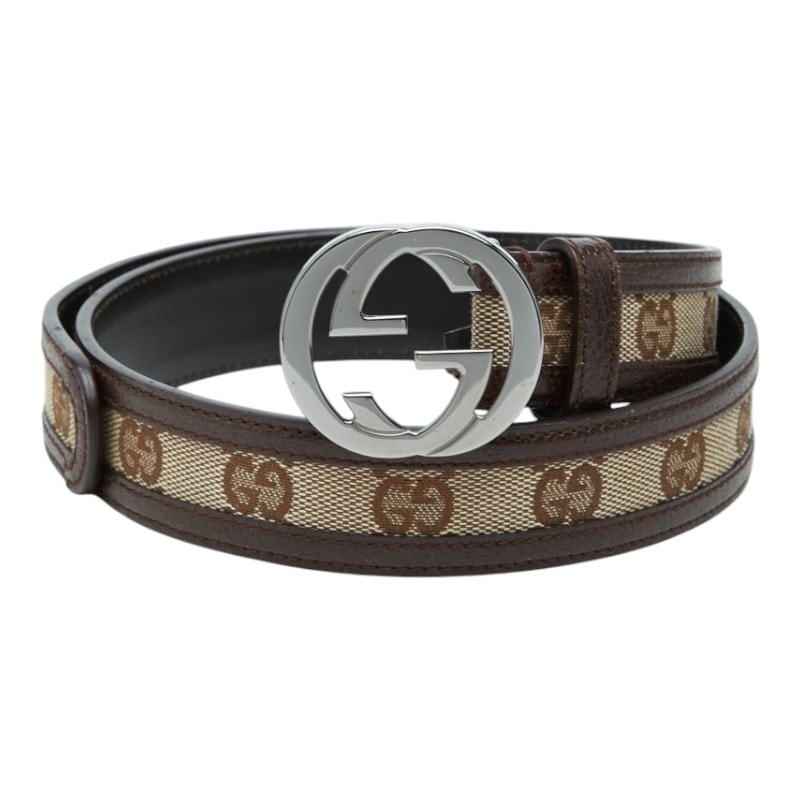 グッチ インターロッキングG GGキャンバス ロゴ バックルベルト 114874 ベージュ ブラウン キャンバス レザー レディース GUCCI 【中古】