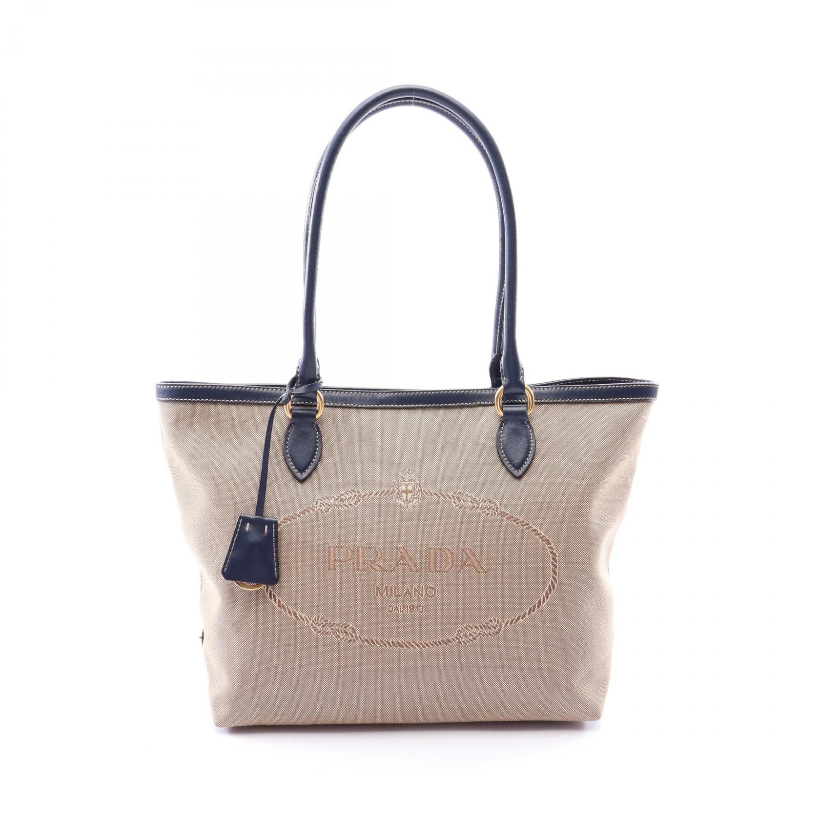 プラダ PRADA TESSUTO+SOFT CA トートバッグ バッグ キャンバス レザー レディース ベージュ系 / ネイビー系 【中古】