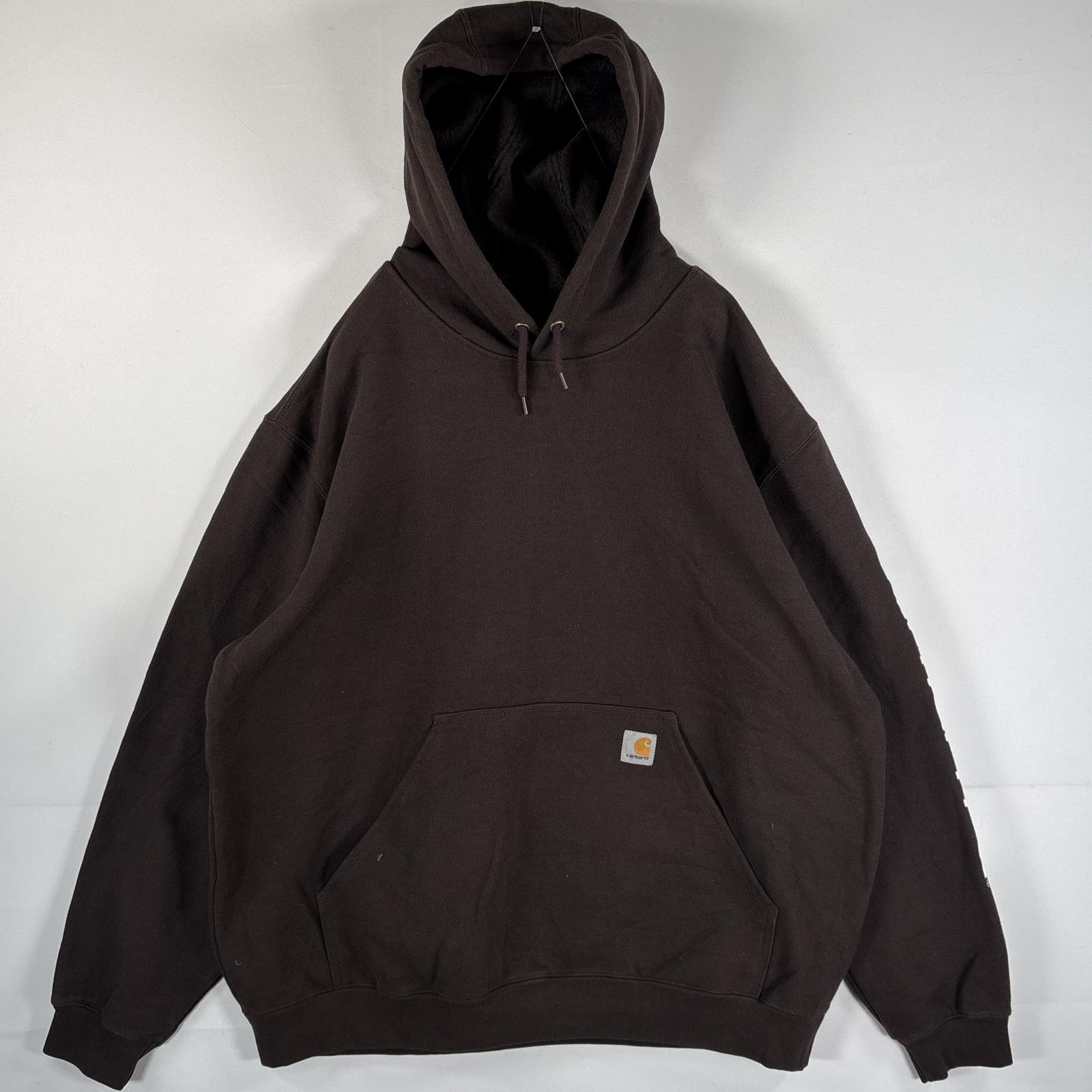 古着 カーハート Carhartt パーカー 大きいサイズ 袖ラバープリント オリジナルフィット ワンポイントロゴ XL ブラウン メンズ