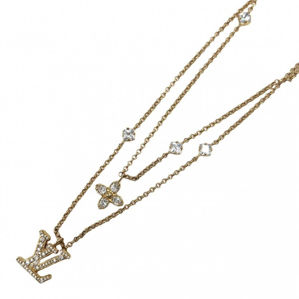 LOUIS VUITTON ルイヴィトン ネックレス レディLV アクセサリー 2連チェーン アジャスター付き ラインストーン    M01845 ゴールド ユニセックス 約12.5g【中古品】