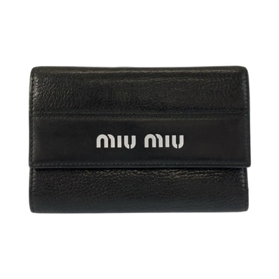 美品 MIUMIU ミュウミュウ マドラス ロゴ ブラック 黒 レザー 折財布 コンパクトウォレット 601268 【中古】