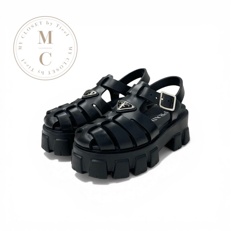 プラダ PRADA モノリス サンダル 靴 シューズ ラバー ブラック 黒 シルバー トライアングルロゴ