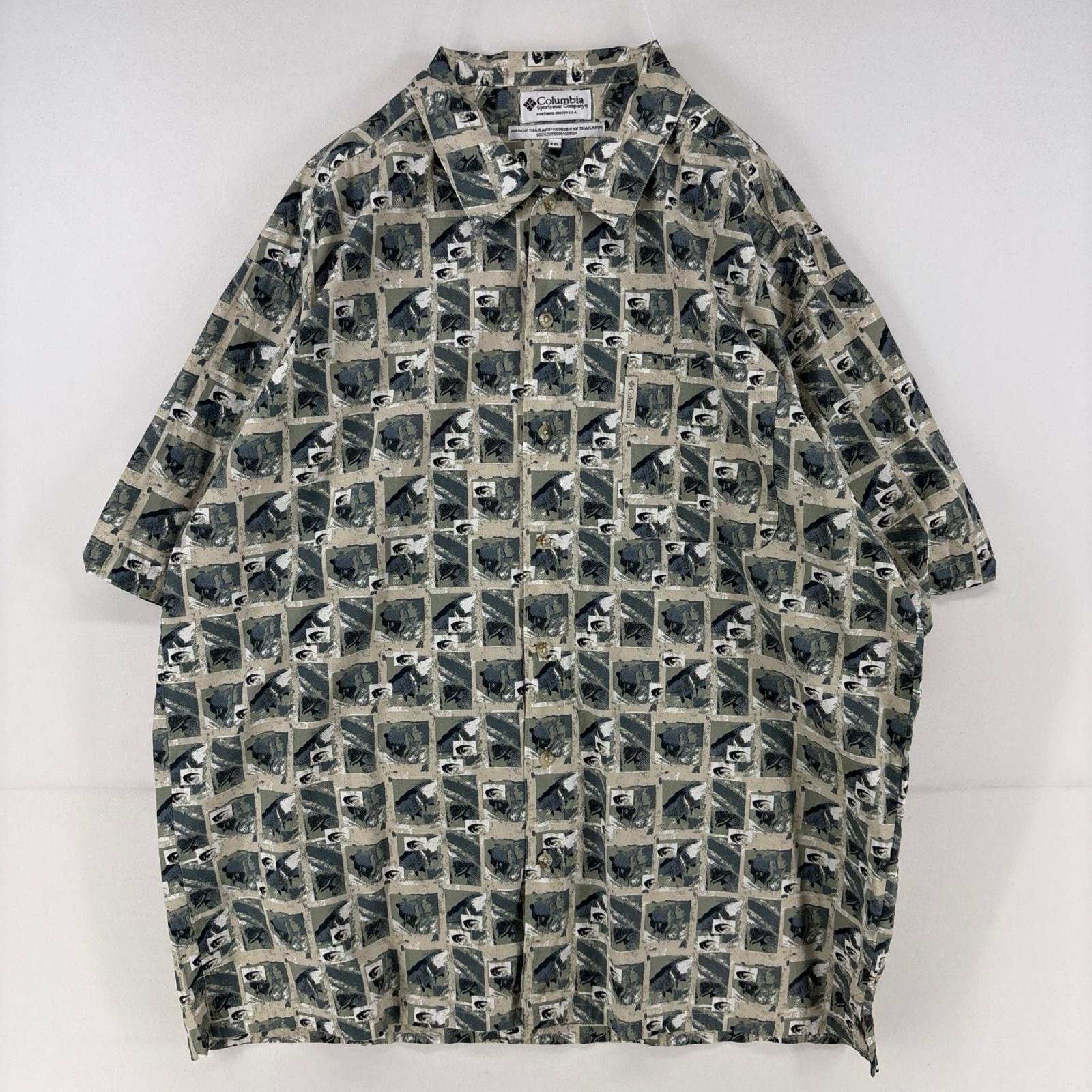 古着 コロンビア Columbia 半袖シャツ ワンポイント ロゴ 総柄 大きいサイズ 柄シャツ 2XL グリーン系 総柄 メンズ