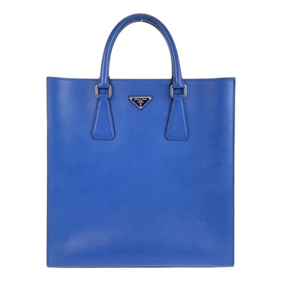 美品 PRADA プラダ サフィアーノ 三角ロゴプレート ブルー シルバー金具 レザー トートバッグ ハンドバッグ 男女兼用 505123 【中古】