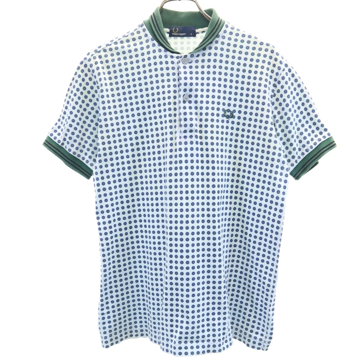FRED PERRY フレッドペリー 日本製 総柄 半袖 ポロシャツ M 水色