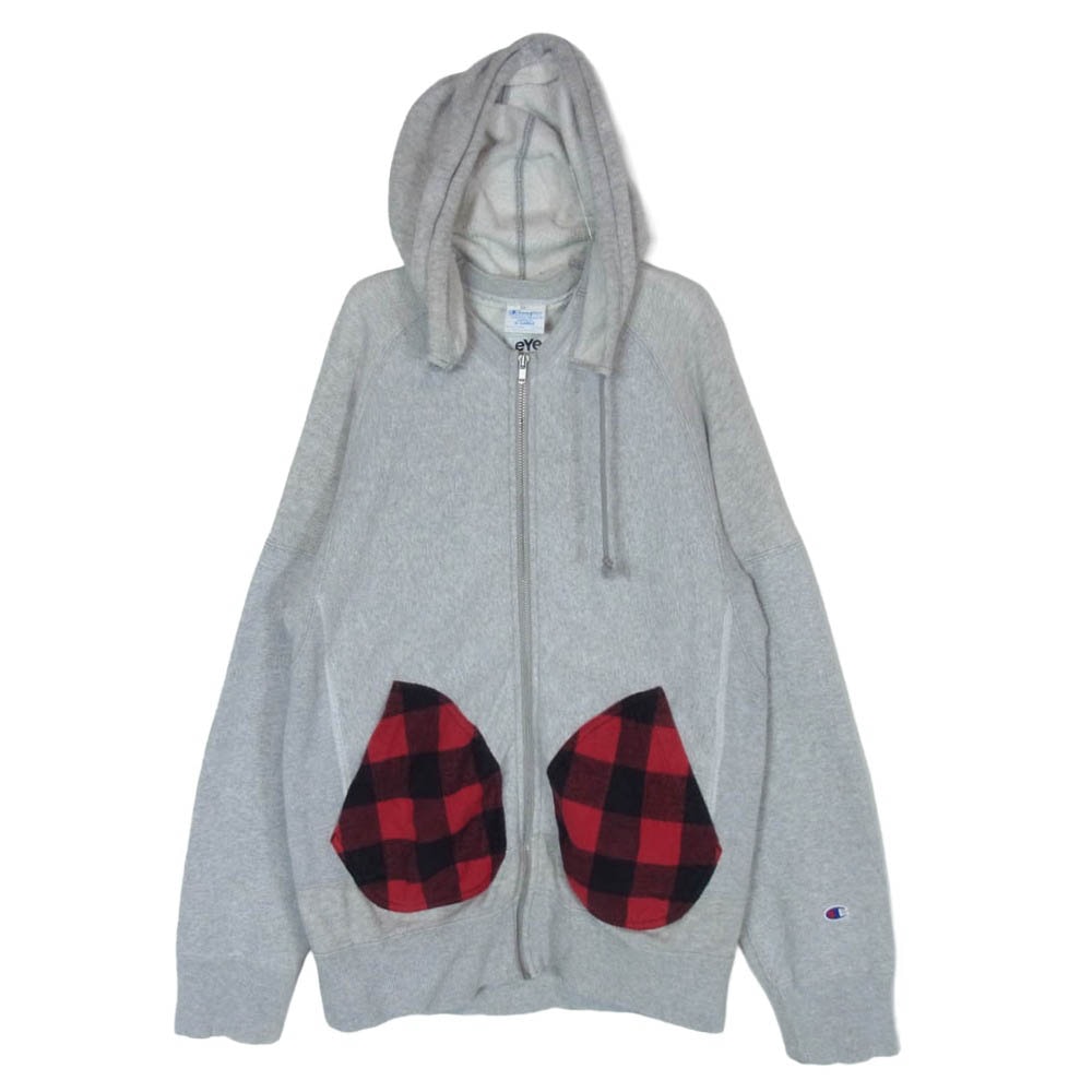 COMME des GARCONS コムデギャルソン Champion チャンピオン WL-T902 eye アイ AD2013 チェック切替 後付けフーディー ジップ パーカー グレー系 L【中古】