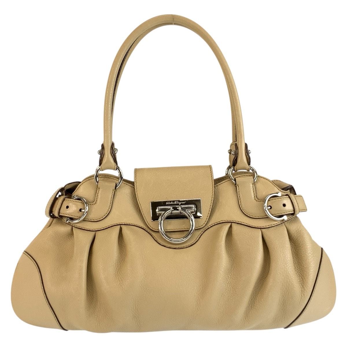 美品 Salvatore Ferragamo サルヴァトーレフェラガモ ガンチーニ マリッサ ベージュ シルバー金具 レザー ハンドバッグ ショルダーバッグ 1-0290367 【中古】