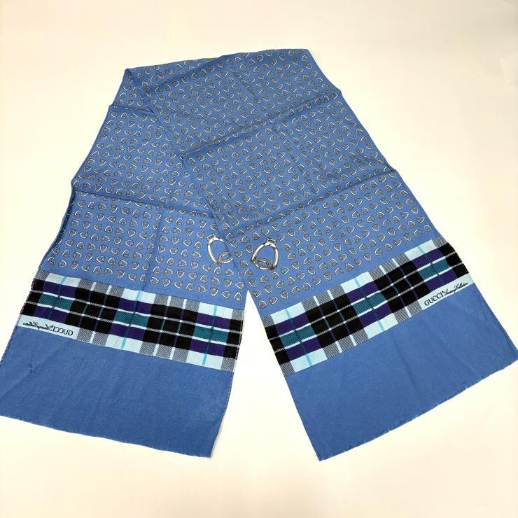 GUCCI シルク100% スカーフ ブルー タータンチェック イタリア製 鑑定済み 正規品 グッチ