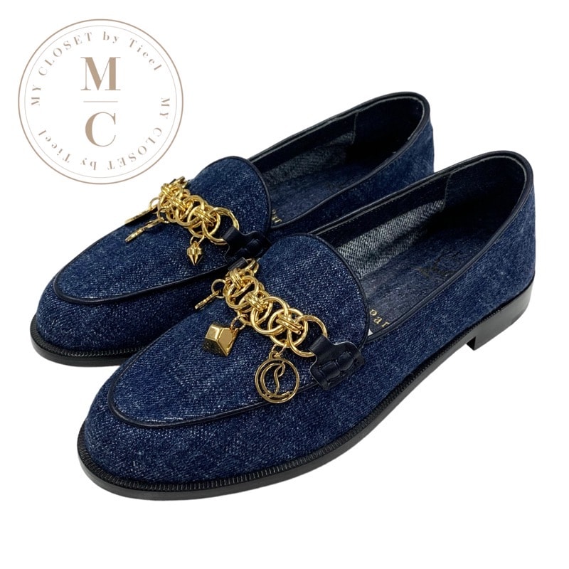 クリスチャンルブタン Christian Louboutin ローファー 革靴 靴 シューズ デニム ブルー ゴールド 未使用 フラットシューズ チェーン