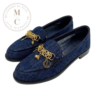 クリスチャンルブタン Christian Louboutin ローファー 革靴 靴 シューズ デニム ブルー ゴールド 未使用 フラットシューズ チェーン