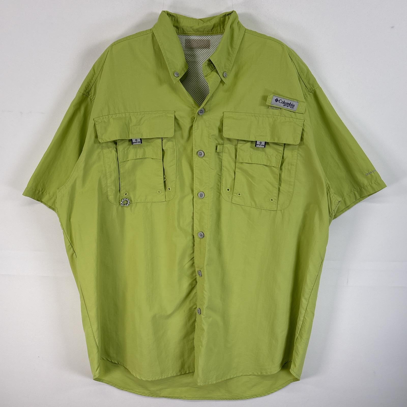 古着 コロンビア Columbia 半袖シャツ PFG フィッシングギア ワンポイント ロゴ  グリーン 無地 メンズ
