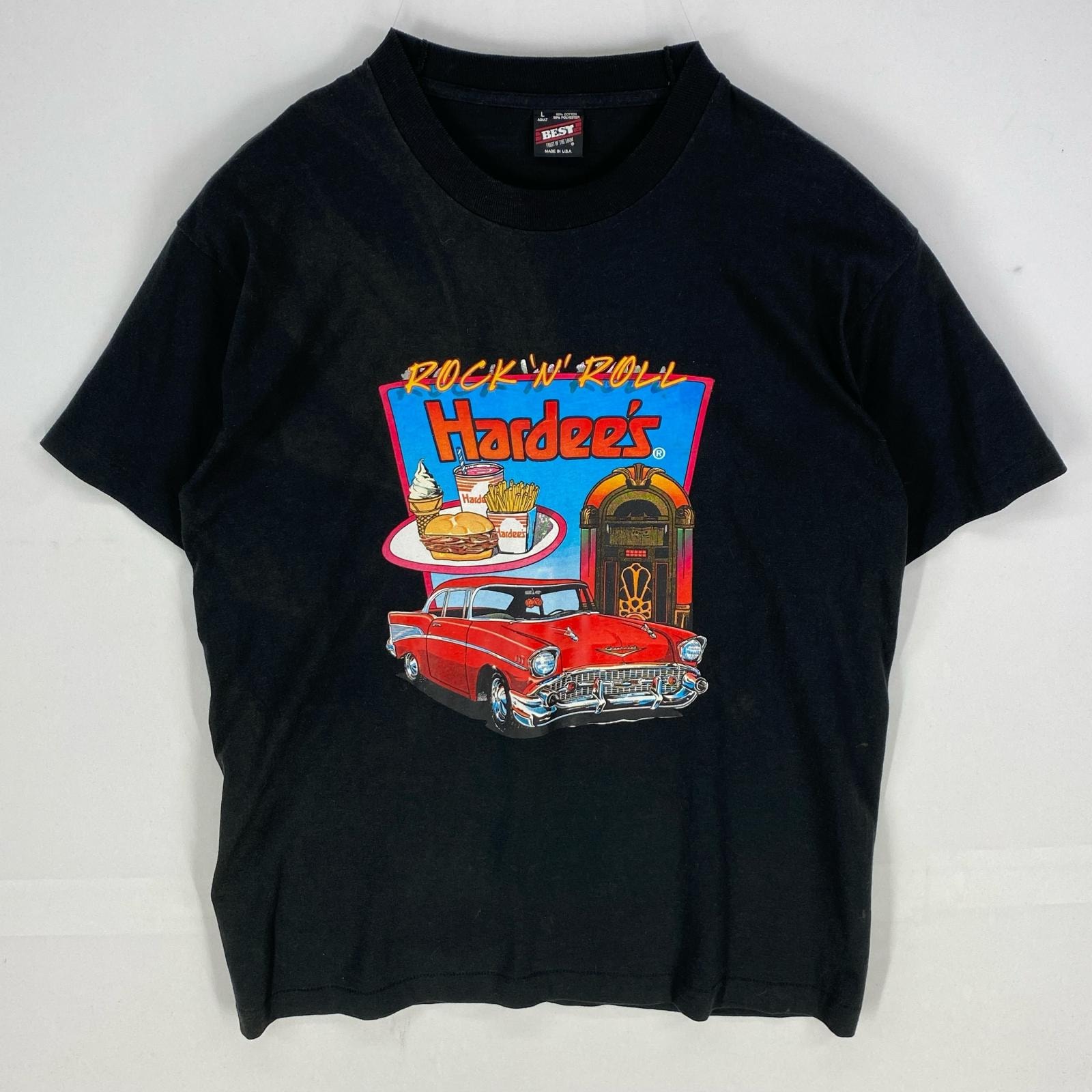 古着 90's/90年代 フルーツオブザルーム FRUIT OF THE LOOM USA製 半袖Tシャツ ハーディーズ L  ブラック系 プリント メンズ