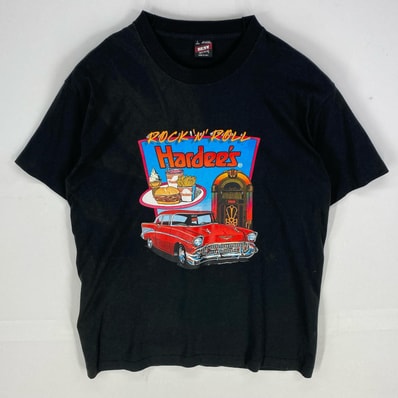 古着 90's/90年代 フルーツオブザルーム FRUIT OF THE LOOM USA製 半袖Tシャツ ハーディーズ L ブラック系 プリント メンズ