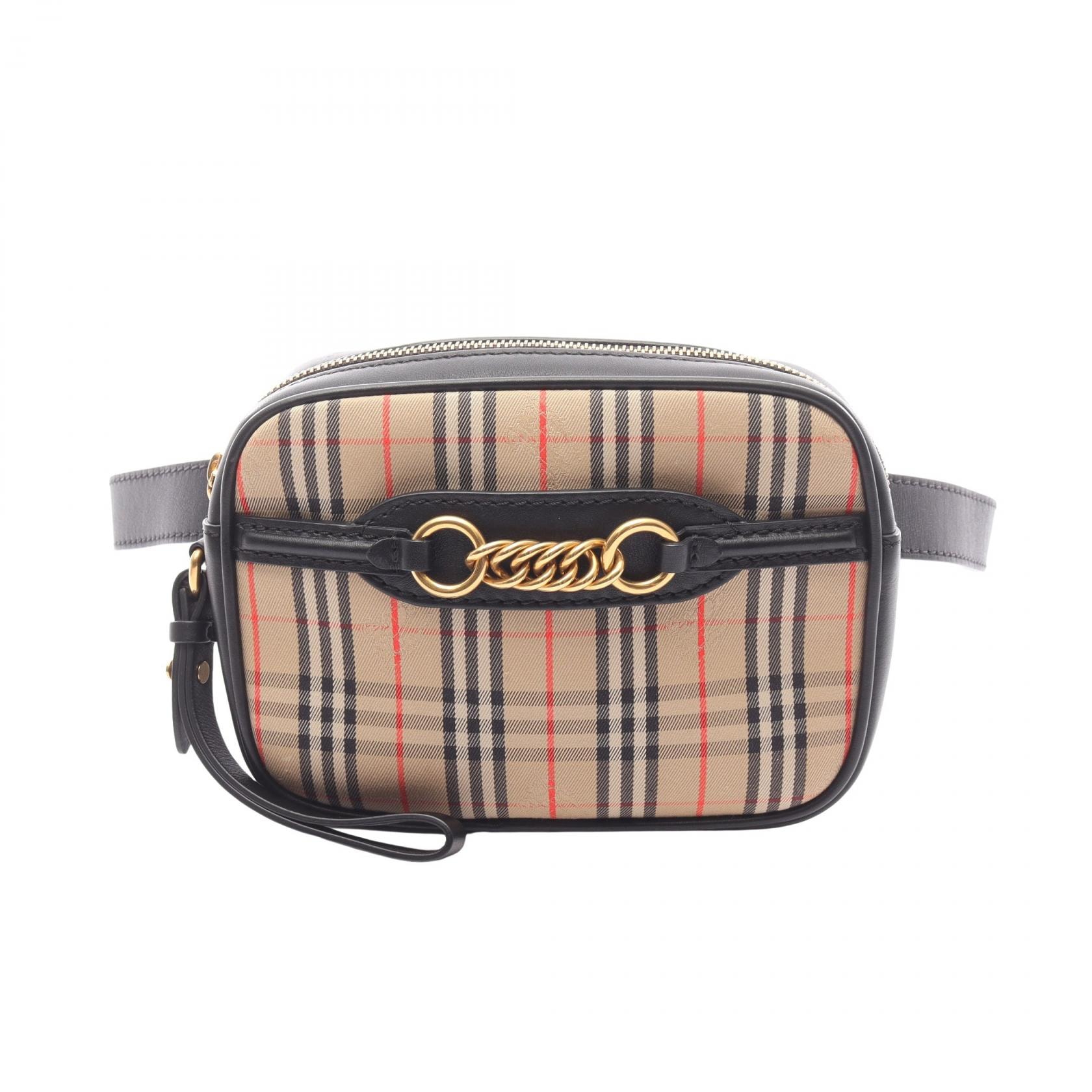バーバリー BURBERRY チェックリンク バムバッグ ウエストバッグ バッグ キャンバス レザー レディース ベージュ系 / ブラック系 【中古】