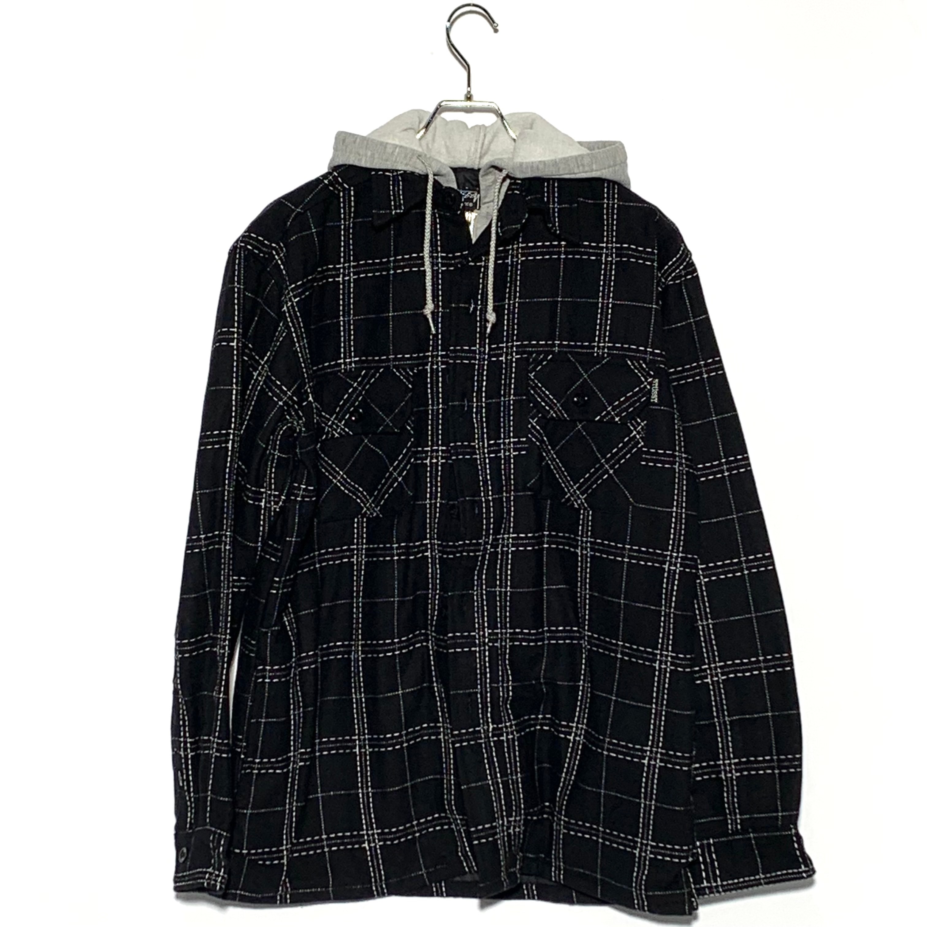 STUSSY Plaid Shirt Layered Hoodie Black