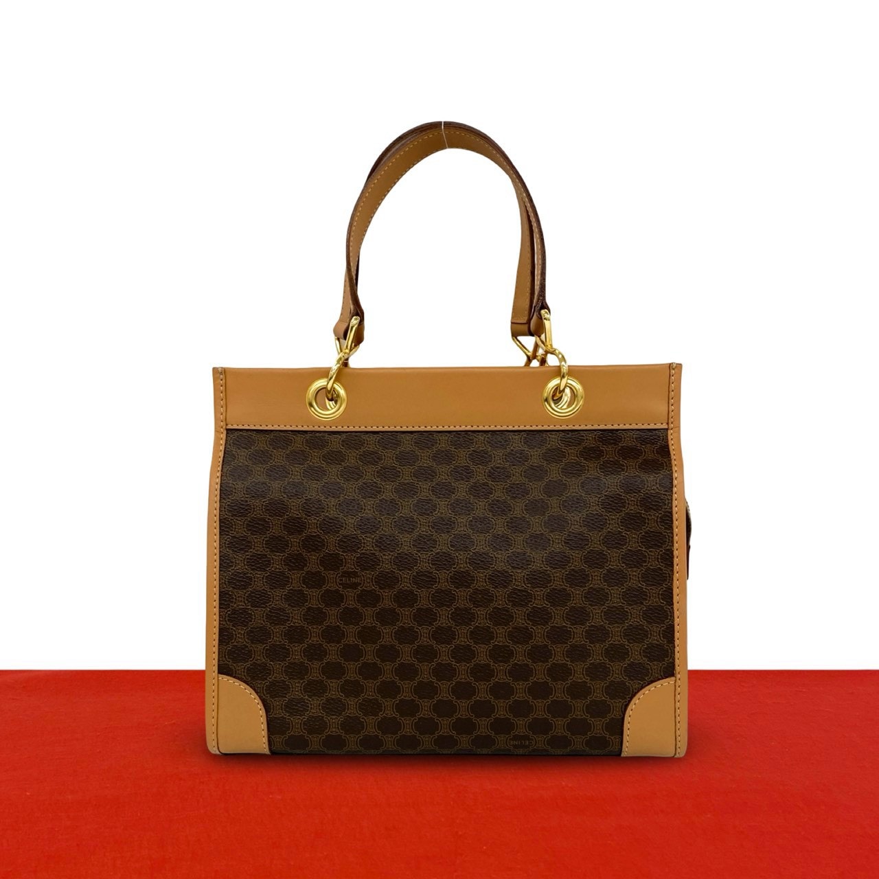 CELINE セリーヌ マカダム ブラゾン 柄 トリオンフ レザー PVC ハンドバッグ ブラウン
 17545