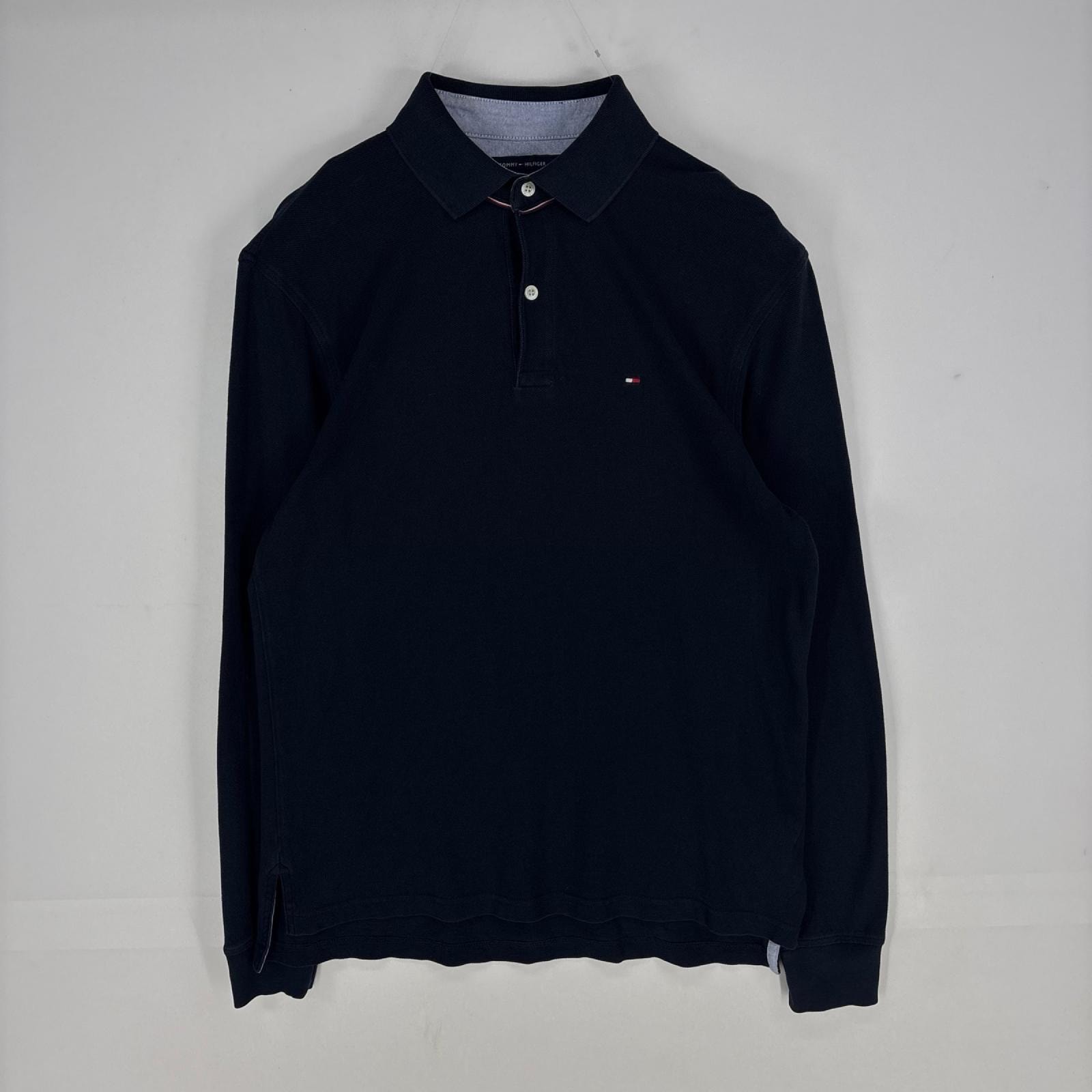 古着 トミーヒルフィガー TOMMY HILFIGER 鹿の子 長袖シャツ ワンポイント ロゴ ポロシャツ S  ネイビー系 メンズ